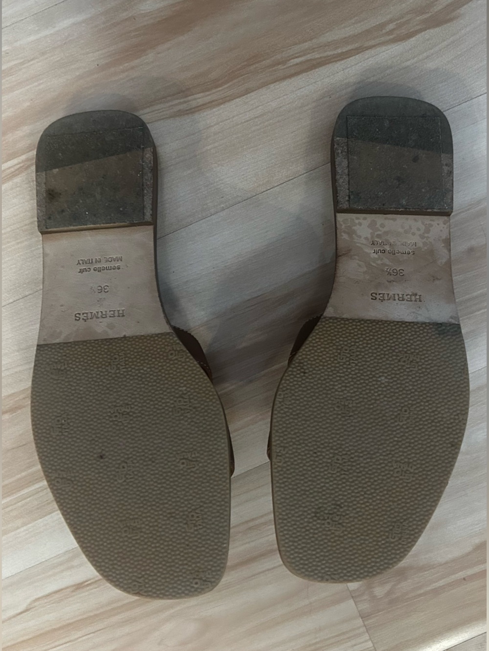 Hermes Brown Oran H-strap Leather Slide Sandals - Picture 3 of 4